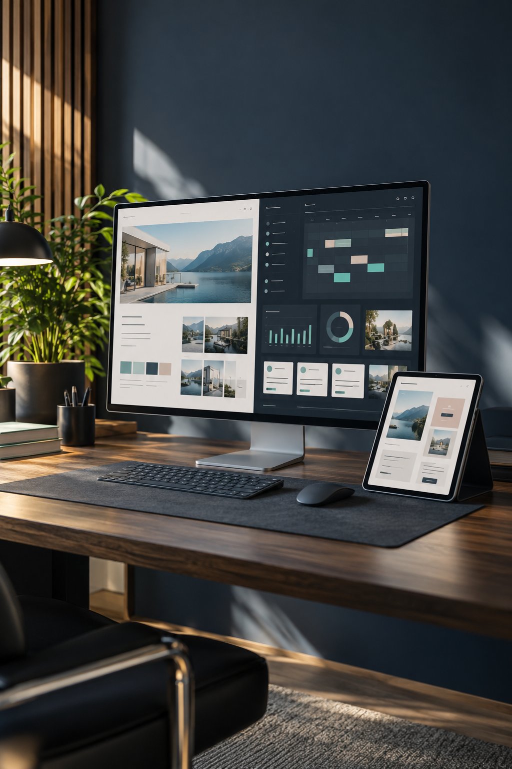 Website-Entwurf, digitales Dashboard und mobile Ansicht auf Monitor und Tablet